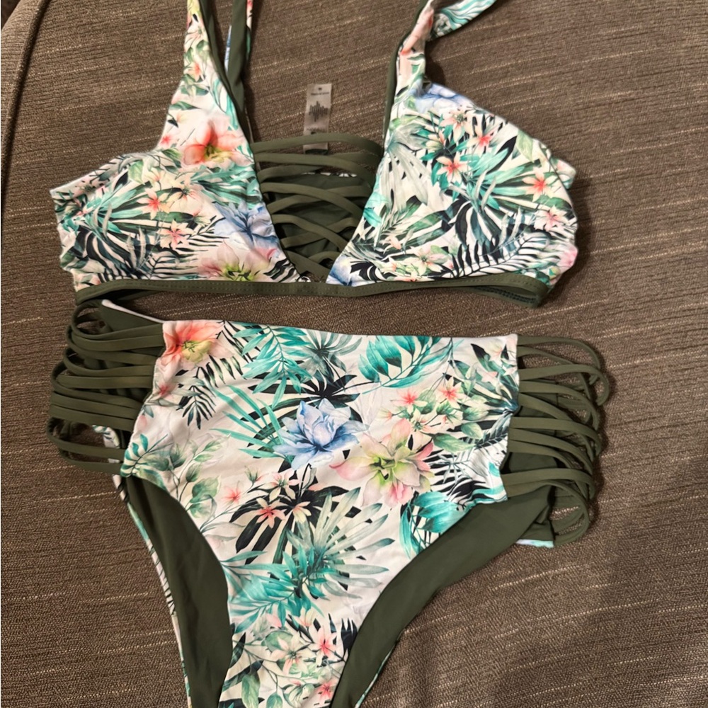 TiniBikini Green and Pink Strappy Bikini Set